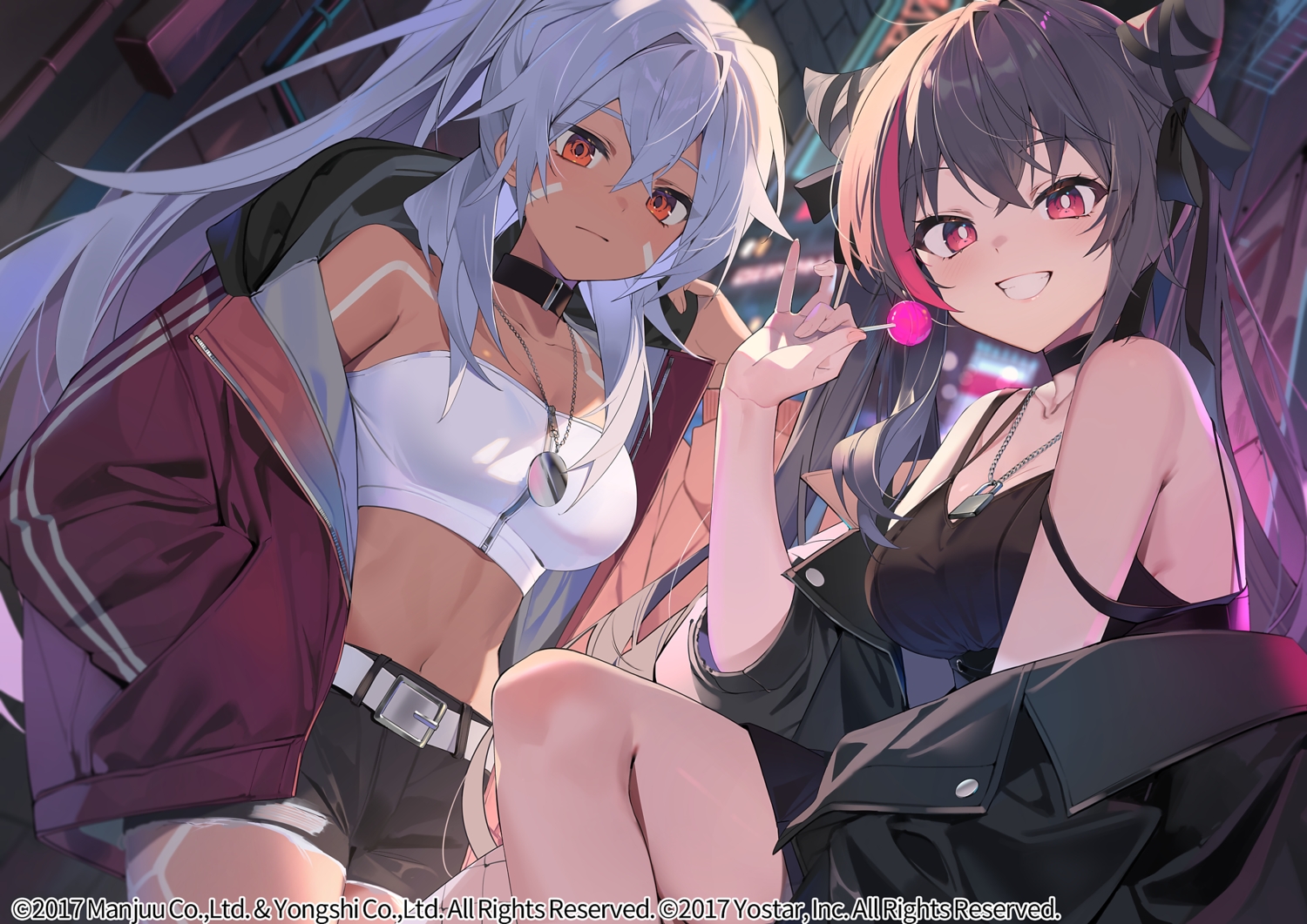 2girls, anthropomorphism, azur_lane, black_hair, blush, bow, breasts, building