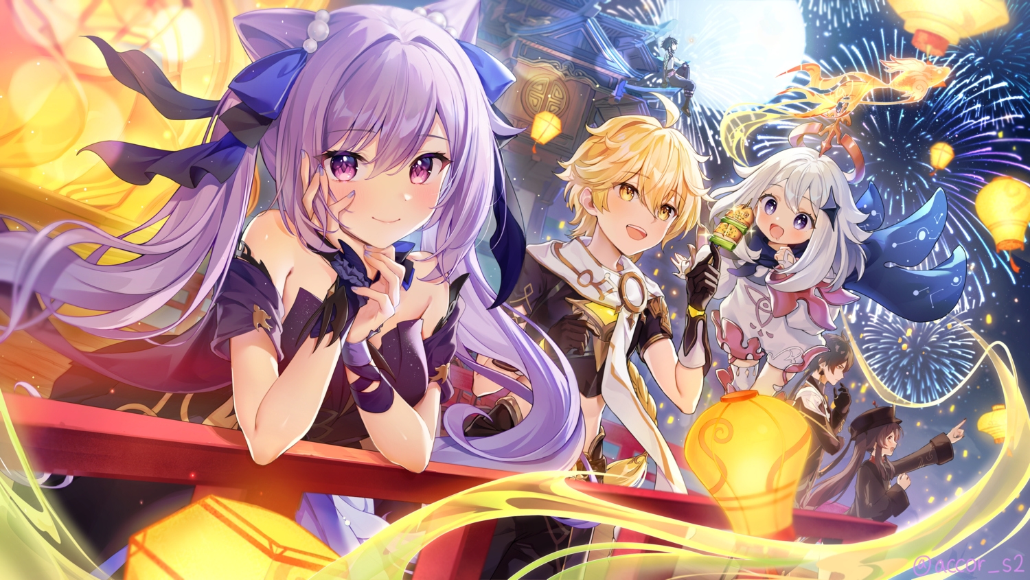 acco_(sh_in), aether_(genshin_impact), blonde_hair, brown_hair, building, dress, fireworks, food, genshin_impact, gray_hair, halo, hat, hu_tao_(genshin_impact), keqing_(genshin_impact), loli, long_hair, male, paimon_(genshin_impact), purple_hair, short_hair, signed, sky, twintails, xiao_(genshin_impact), yellow_eyes, zhongli_(genshin_impact)