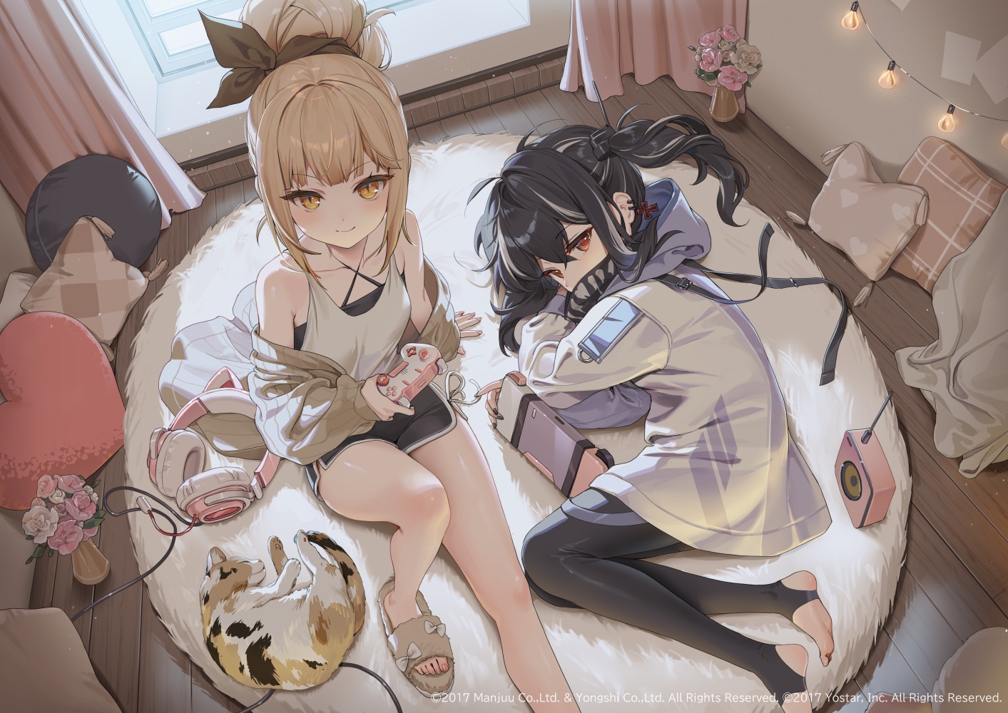 2girls, animal, anthropomorphism, azur_lane, barefoot, black_hair, blonde_hair, cat, cross, flowers, game_console, hajin, headphones, hood, long_hair, pantyhose, ponytail, red_eyes, shorts, twintails, u-47_(azur_lane), u-96_(azur_lane), watermark, yellow_eyes