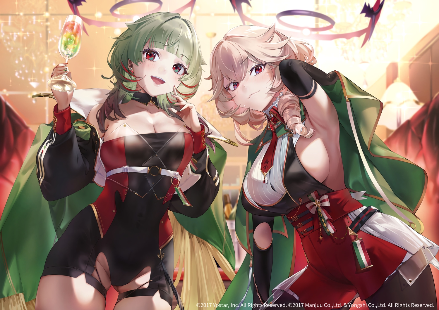 2girls, anthropomorphism, azur_lane, blonde_hair, blush, bow, breasts, choker