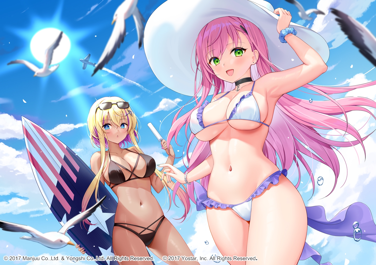 2girls, aircraft, animal, anthropomorphism, azur_lane, bikini, bird, blonde_hair