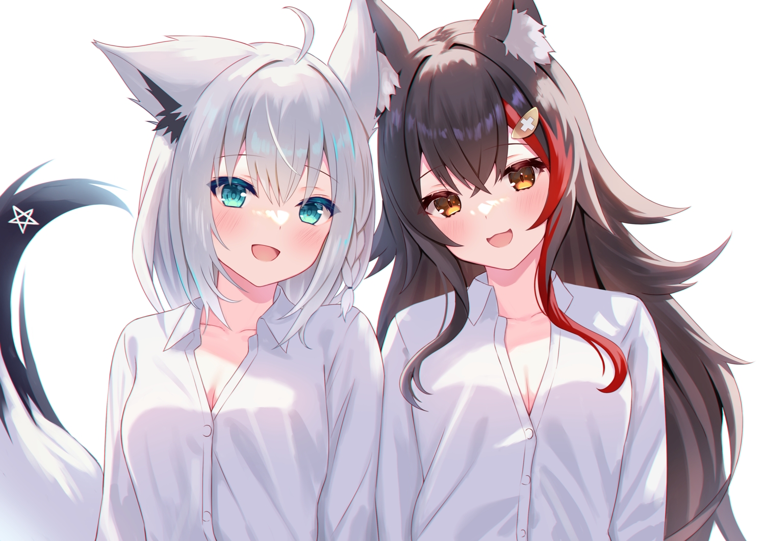 2girls, animal_ears, black_hair, blush, braids, breasts, brown_eyes, cat_smile, cleavage, close, foxgirl, gray_hair, green_eyes, hololive, long_hair, ookami_mio, shirakami_fubuki, shirt, tail, togemaru34, white, wolfgirl