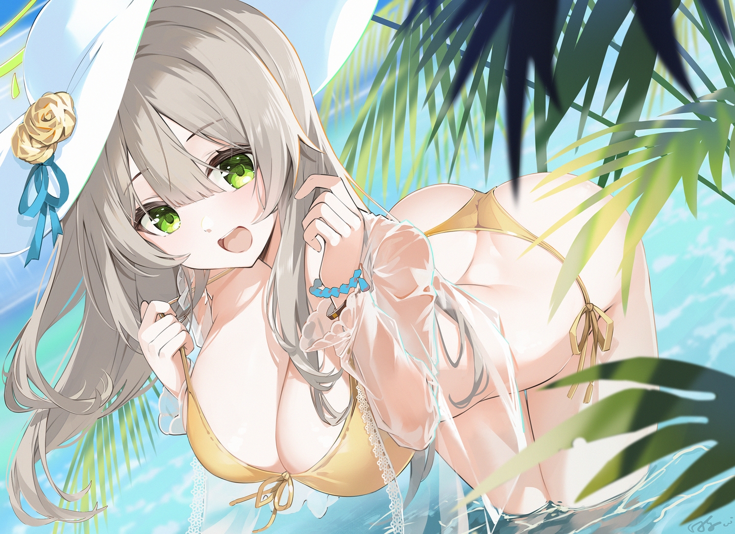 ass, baisi_shaonian, bikini, blue_archive, breasts, brown_hair, cleavage, green_eyes