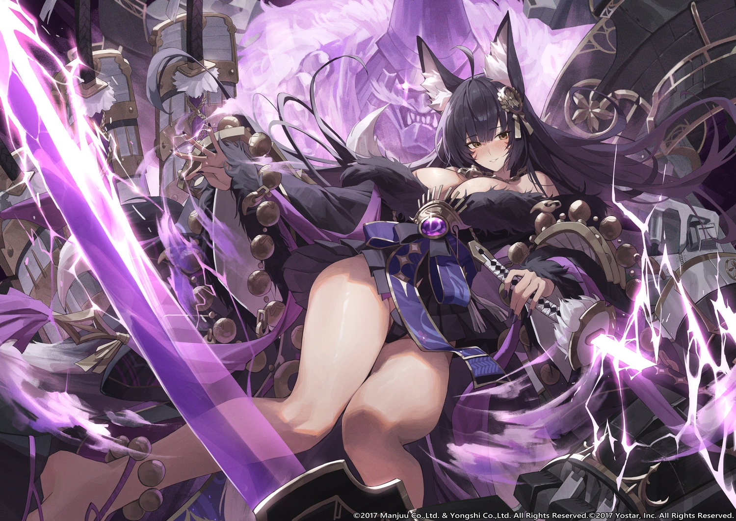 animal_ears, anthropomorphism, azur_lane, black_hair, blush, bow, breasts, brown_eyes, cleavage, foxgirl, katana, long_hair, magic, musashi_(azur_lane), necklace, netural, samurai, skirt, skirt_lift, sword, watermark, weapon