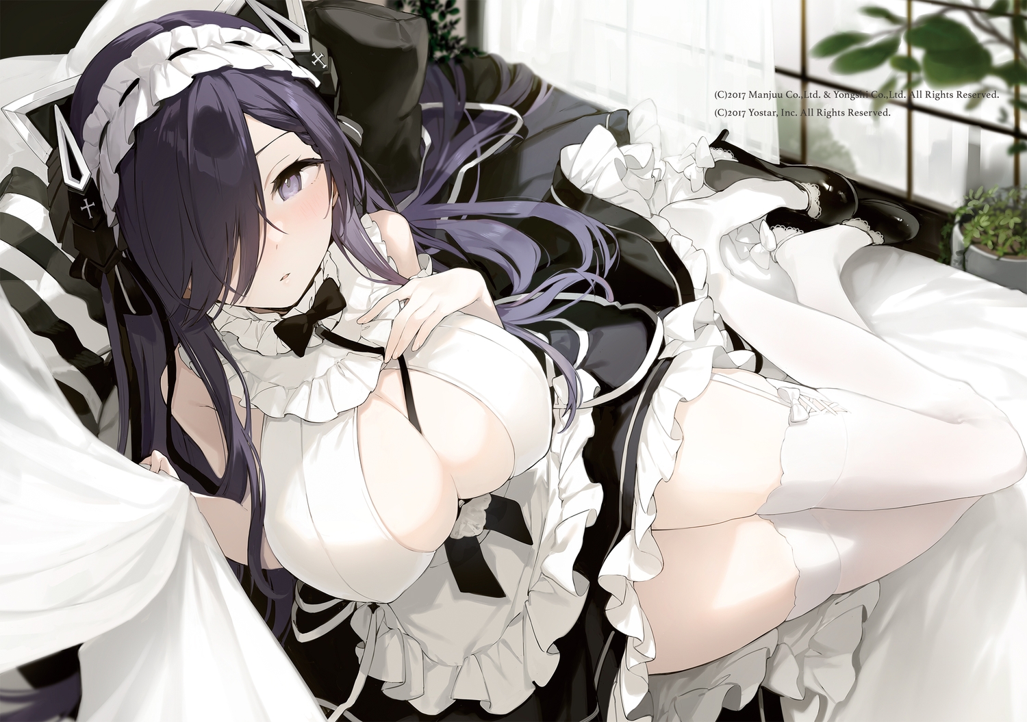anthropomorphism, apron, august_von_parseval_(azur_lane), azur_lane, black_hair, bow, breast_hold, breasts, cleavage, dress, fujiyama, garter_belt, headdress, long_hair, maid, purple_eyes, stockings, watermark, zettai_ryouiki