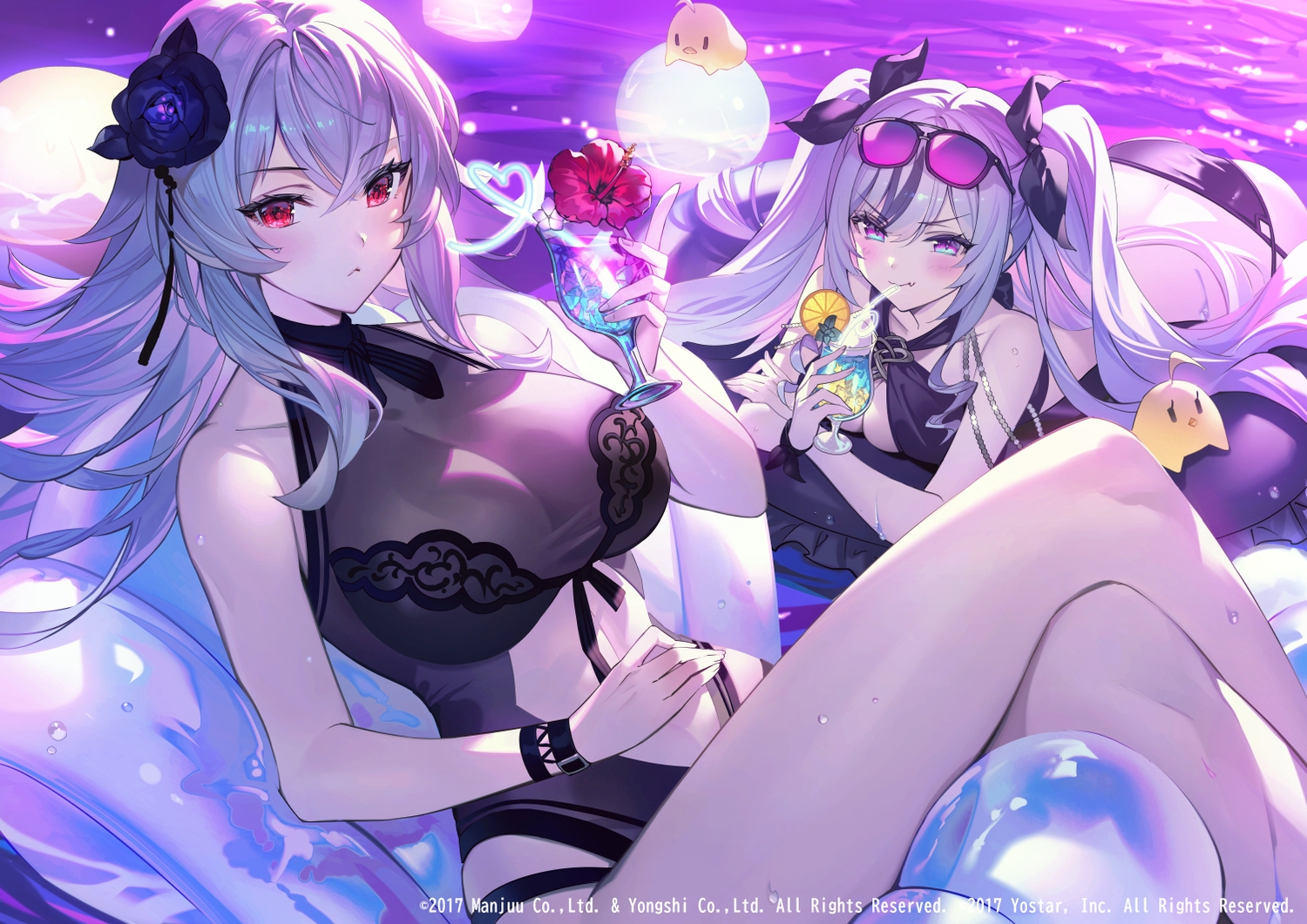 2girls, animal, anthropomorphism, azur_lane, ball, bikini, bird, blush, breasts, cleavage, drink, elbe_(azur_lane), fang, graf_zeppelin_(azur_lane), gray_hair, long_hair, manjuu_(azur_lane), noir_eku, purple_eyes, red_eyes, sunglasses, swim_ring, swimsuit, twintails, water, wristwear