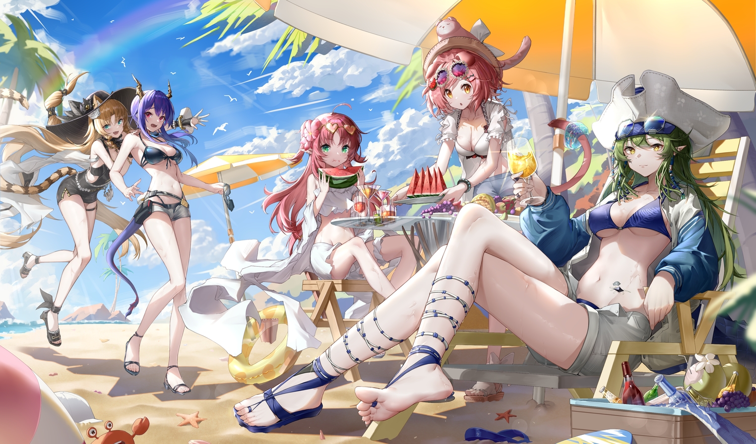 animal, animal_ears, arknights, ball, beach, bikini, blonde_hair, bow