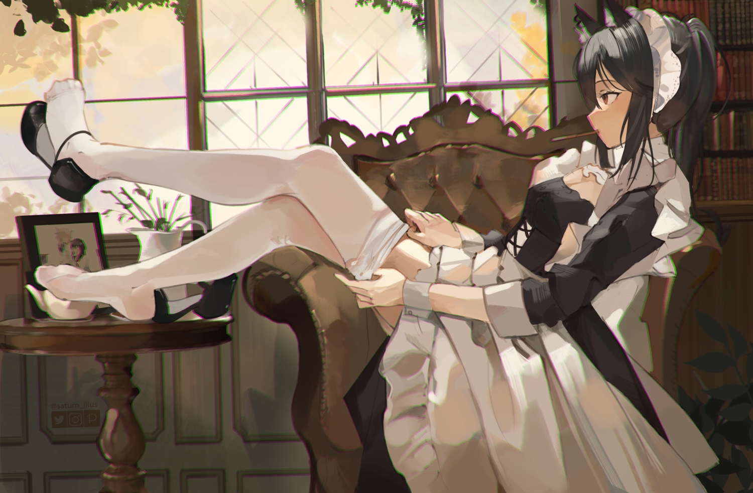animal_ears, apron, arknights, black_hair, book, bow, breasts, brown_eyes