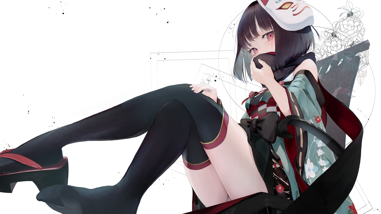 aihara_tsubaki, black_hair, bow, japanese_clothes, kimono, kisaragi_yaya, mask, ongeki, panties, red_eyes, scarf, short_hair, thighhighs, underwear, upskirt, white