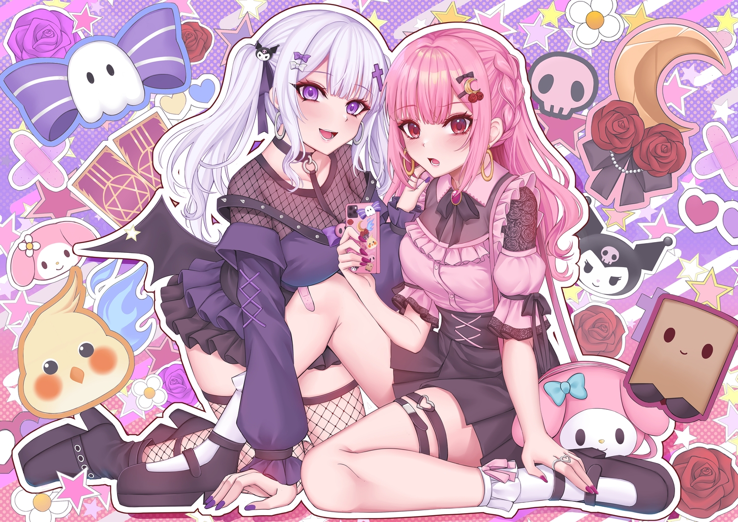 2girls, bandaid, blush, bow, braids, breasts, cleavage, collar, flowers, garter, gu_li, hoshime_(vtuber), indie_virtual_youtuber, kneehighs, kuromi, long_hair, my_melody_(character), phone, pink_hair, purple_eyes, red_eyes, ribbons, rose, sanrio, shiraishi_yuurei, skirt, thighhighs, twintails, white_hair, wings, zettai_ryouiki