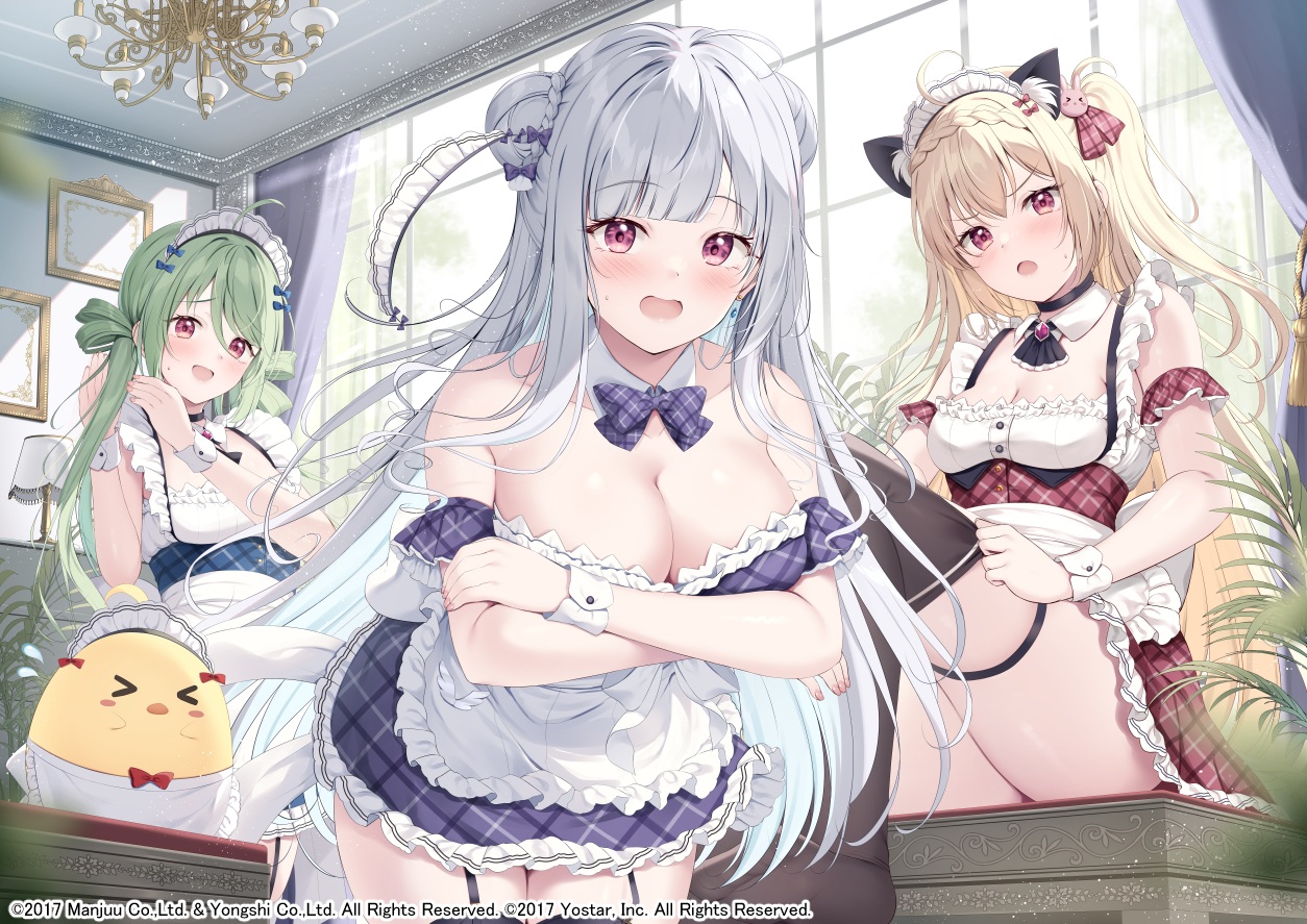 aliasing, animal, animal_ears, anthropomorphism, apron, azur_lane, bird, blonde_hair