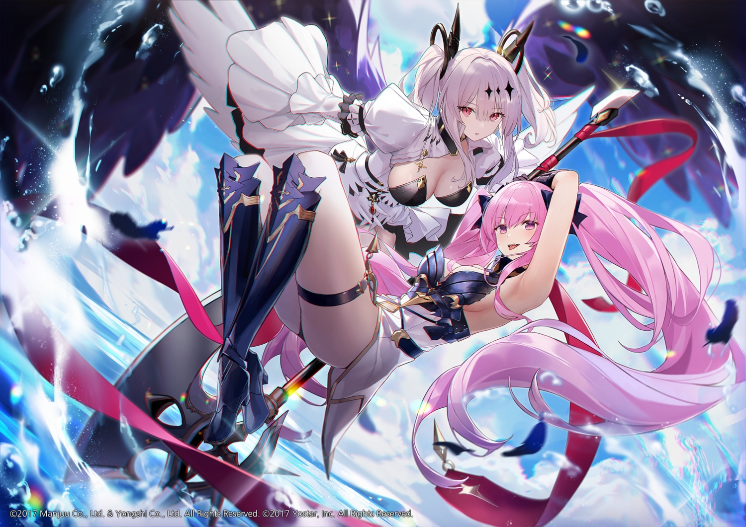 2girls, anthropomorphism, armor, azur_lane, boots, bow, breasts, cleavage, clouds, dress, fang, feathers, garter, gray_hair, horns, joffre_(azur_lane), la_galissonniere_(azur_lane), pink_eyes, pink_hair, red_eyes, ribbons, sky, twintails, water, weapon, wings, yohaku
