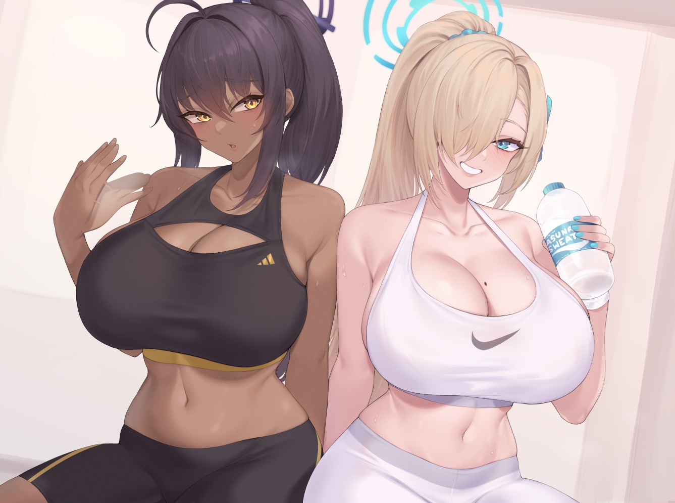 2girls, aqua_eyes, bike_shorts, black_hair, blonde_hair, blue_archive, blush, bra