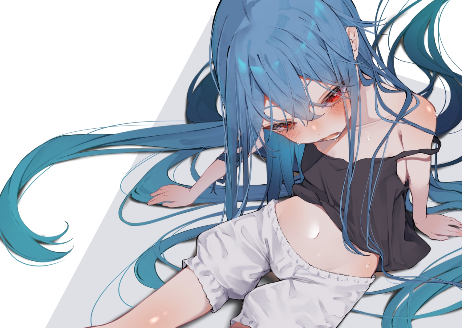 bloomers, blue_hair, blush, hinanawi_tenshi, long_hair, navel, no_bra, red_eyes, touhou, tsune_(tune)