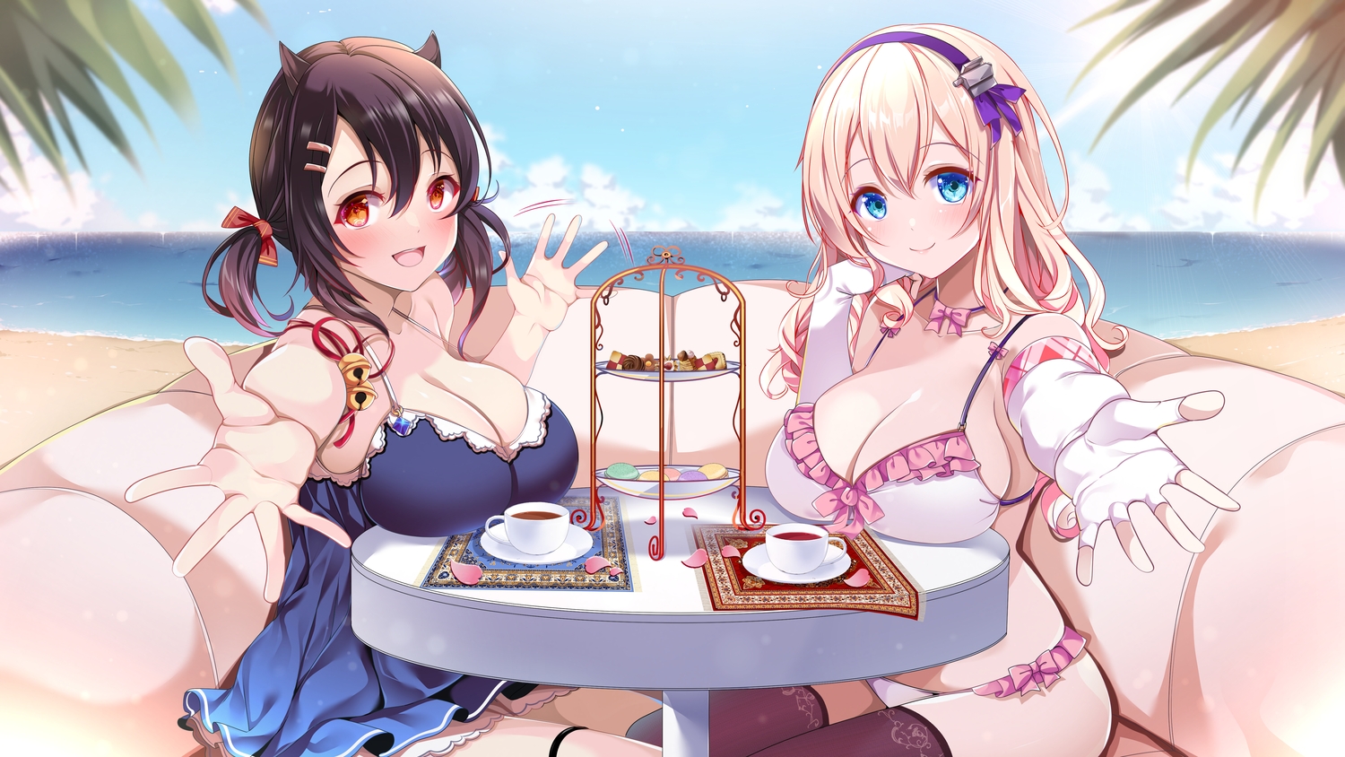 2girls, anthropomorphism, aqua_eyes, azur_lane, bell, bikini, black_hair, blonde_hair