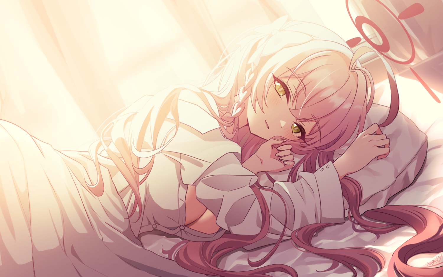 aonegi, bed, blue_archive, braids, breasts, cleavage, green_eyes, halo