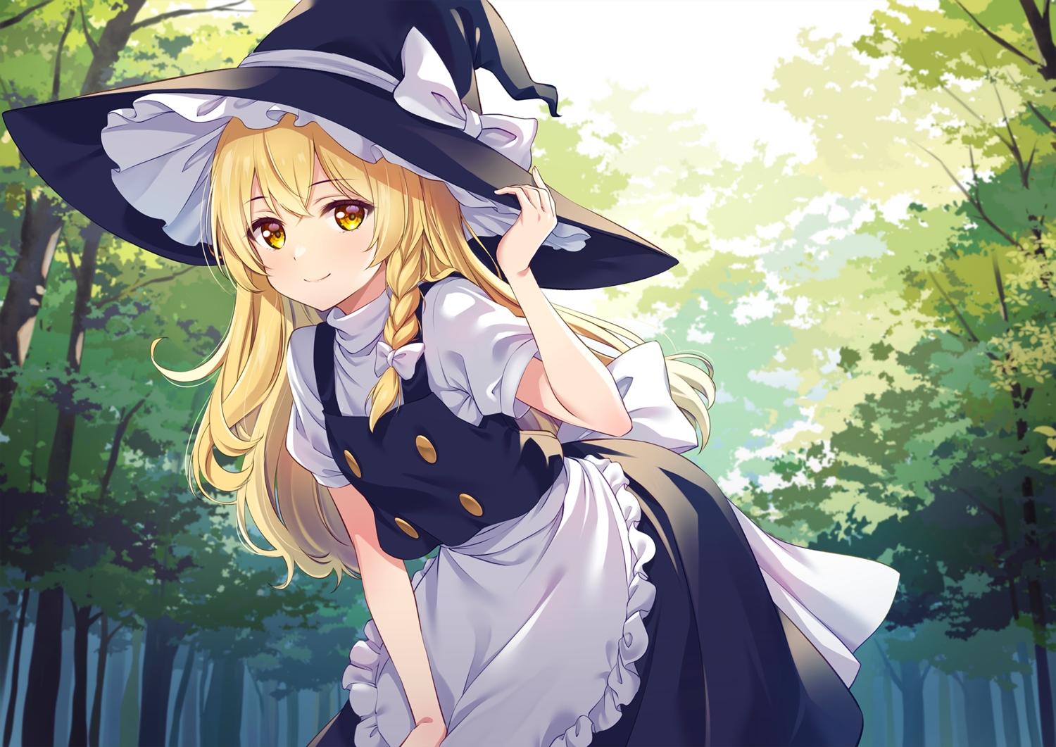 apron, blonde_hair, bow, braids, dress, forest, hat, kirisame_marisa, long_hair, murasaki_atsushi, shirt, touhou, tree, witch, witch_hat, yellow_eyes