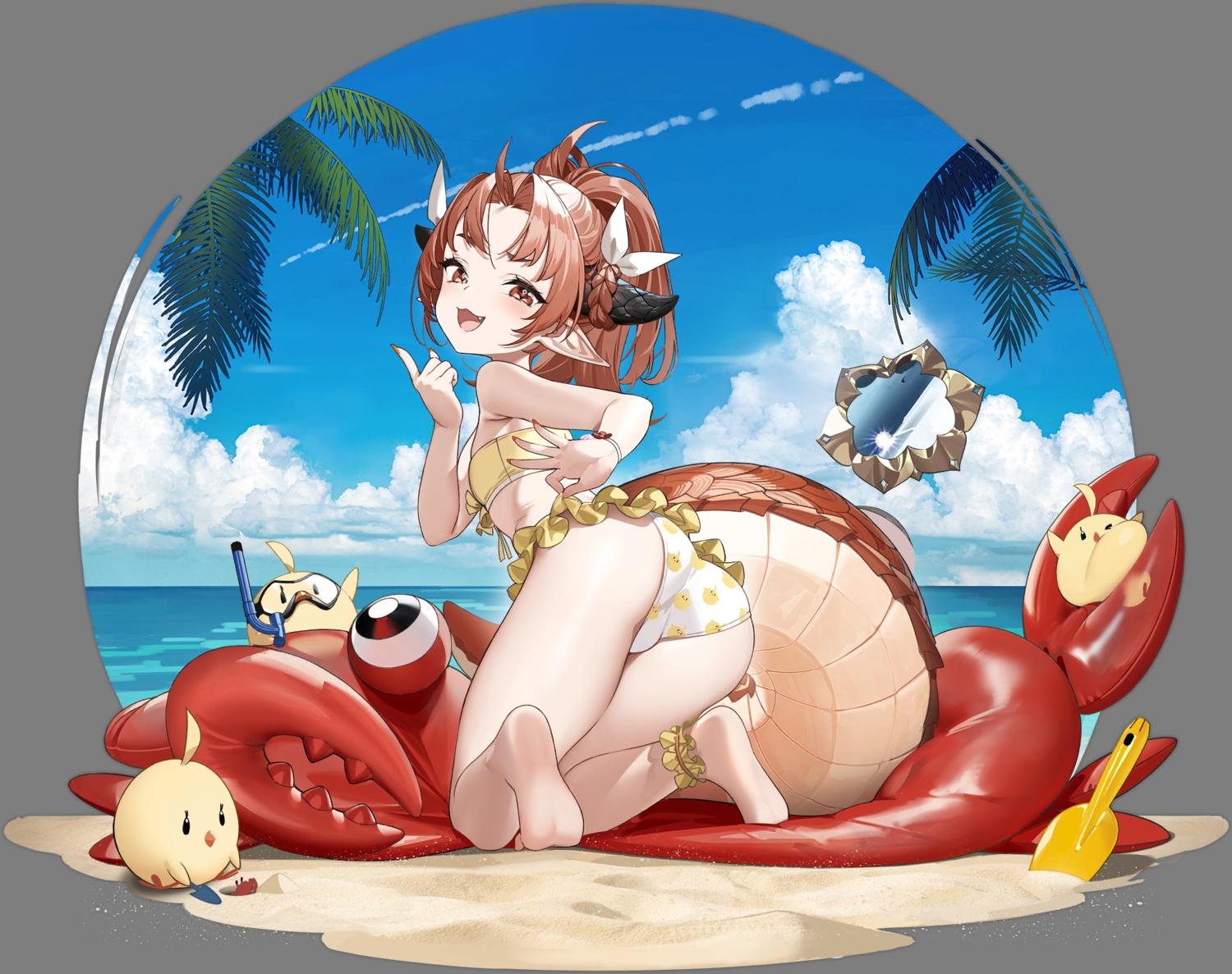 animal, anthropomorphism, ass, azur_lane, barefoot, beach, bikini, bird, braids, brown_eyes, brown_hair, cat_smile, clouds, crab, fang, goggles, izuru_(timbermetal), loli, manjuu_(azur_lane), mirror, natori_(azur_lane), photo, pointed_ears, ponytail, skirt, sky, swimsuit, tail, transparent, water, wristwear