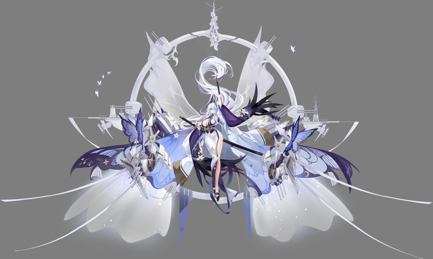anthropomorphism, azur_lane, breasts, butterfly, cleavage, dress, gun, japanese_clothes