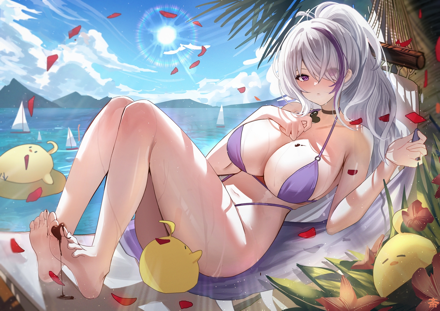 animal, anthropomorphism, azur_lane, barefoot, bird, boat, breast_hold, breasts, chocolate, choker, cleavage, clouds, flowers, gray_hair, long_hair, manjuu_(azur_lane), navel, petals, purple_eyes, sky, tansuan_(ensj3875), unzen_(azur_lane), water, wet