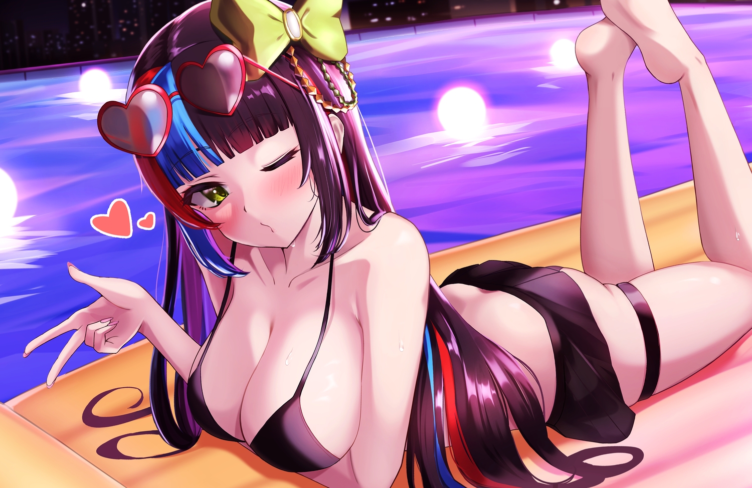 arugou, ass, barefoot, bikini, black_hair, blush, bow, breast_hold, breasts, cleavage, fate/grand_order, fate_(series), garter, green_eyes, heart, long_hair, night, pool, sei_shounagon_(fate), skirt, sunglasses, swimsuit, water, wink