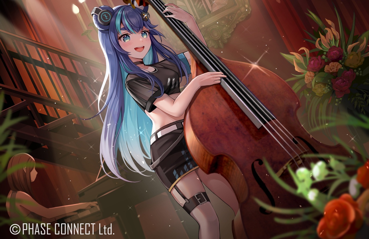 aqua_eyes, blue_hair, blush, choker, fujikura_uruka, garter, headphones, instrument, long_hair, moguta_(moguta9), phase_connect, piano, skirt, stairs