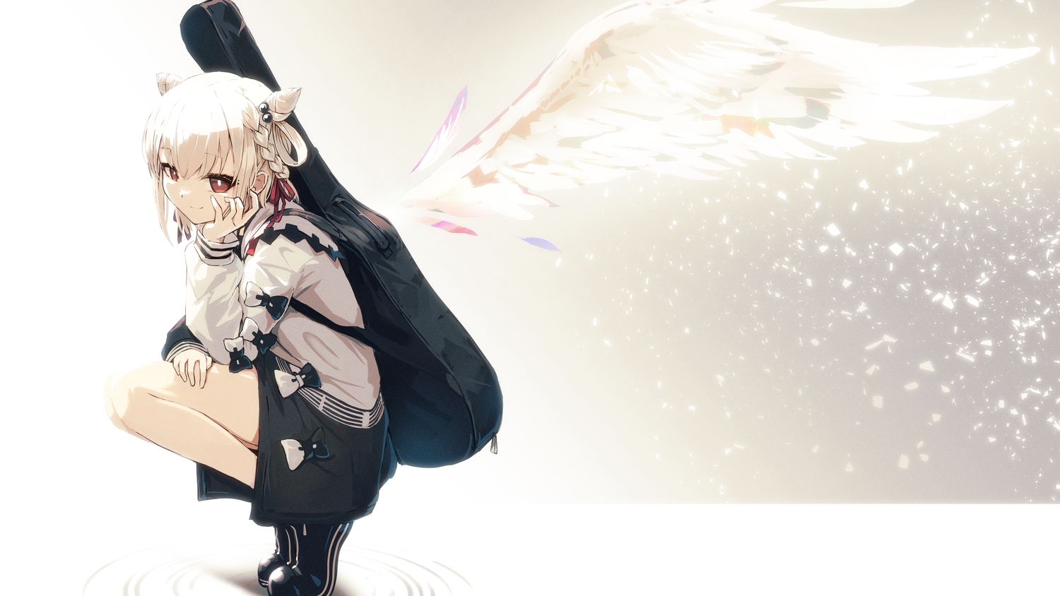 bow, braids, gradient, guitar, instrument, namacotan, red_eyes, ribbons, shiratama_utano, shirt, short_hair, skirt, univirtual, white_hair, wings