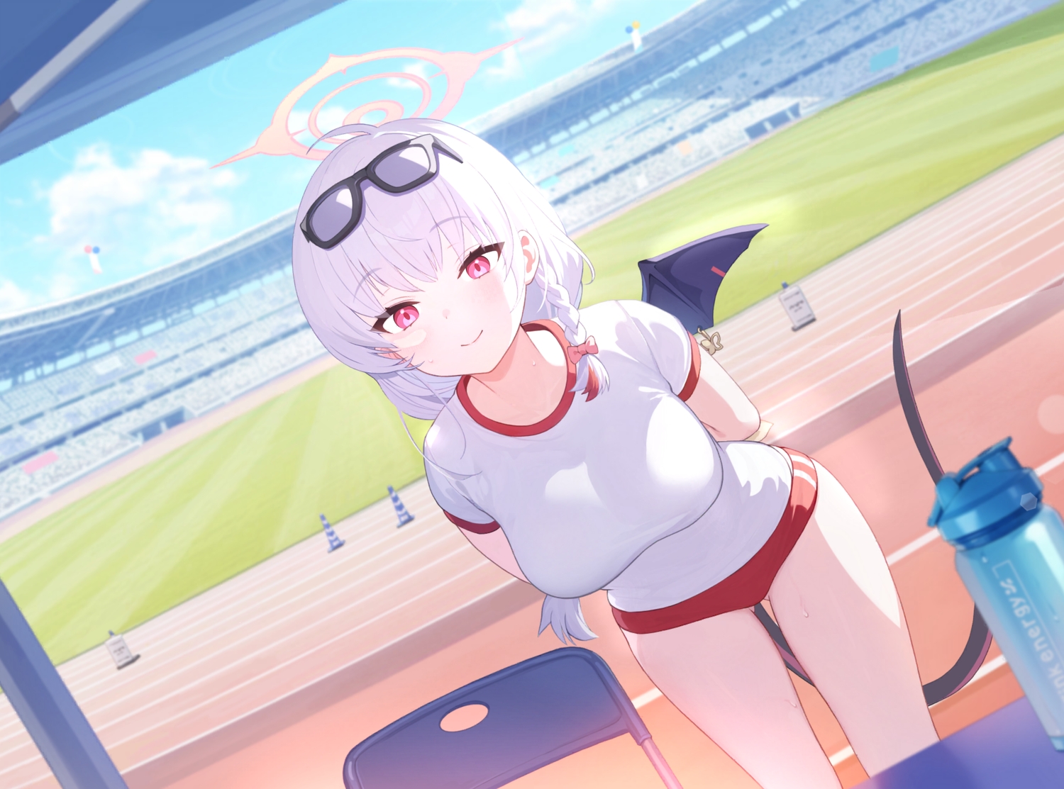 bloomers, blue_archive, clouds, drink, game_cg, gym_uniform, halo, kurodate_haruna, long_hair, red_eyes, sky, sunglasses, tagme_(artist), tail, white_hair, wings