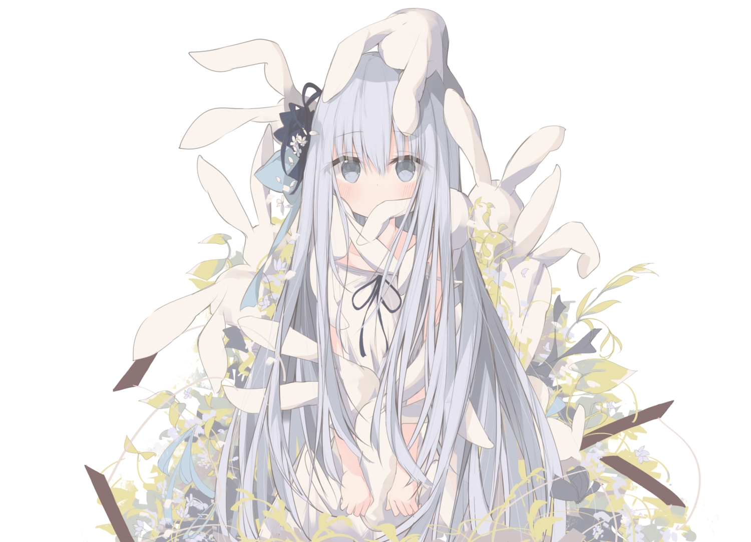 blush, bow, bunny, dress, flowers, gray_eyes, gray_hair, kushida_you