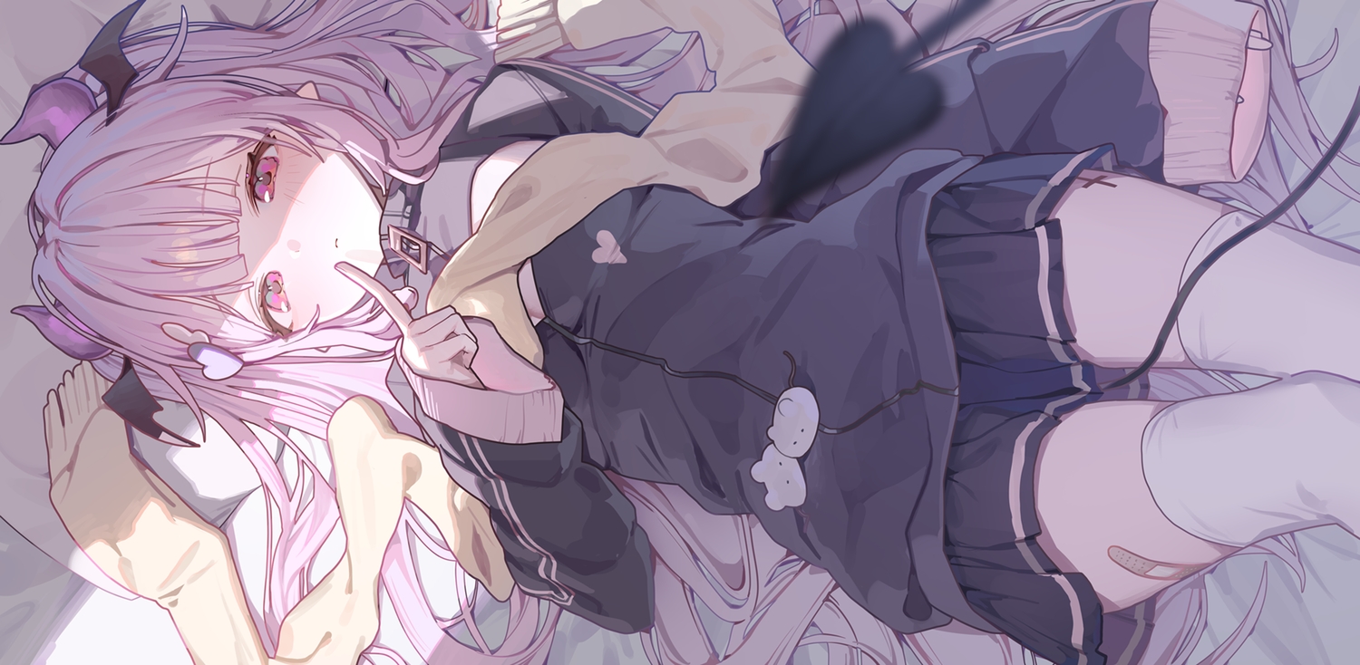 bandaid, bed, blush, breasts, cleavage, demon, horns, long_hair, ningen_mame, original, pink_eyes, pink_hair, pointed_ears, scarf, skirt, succubus, tail, thighhighs, zettai_ryouiki