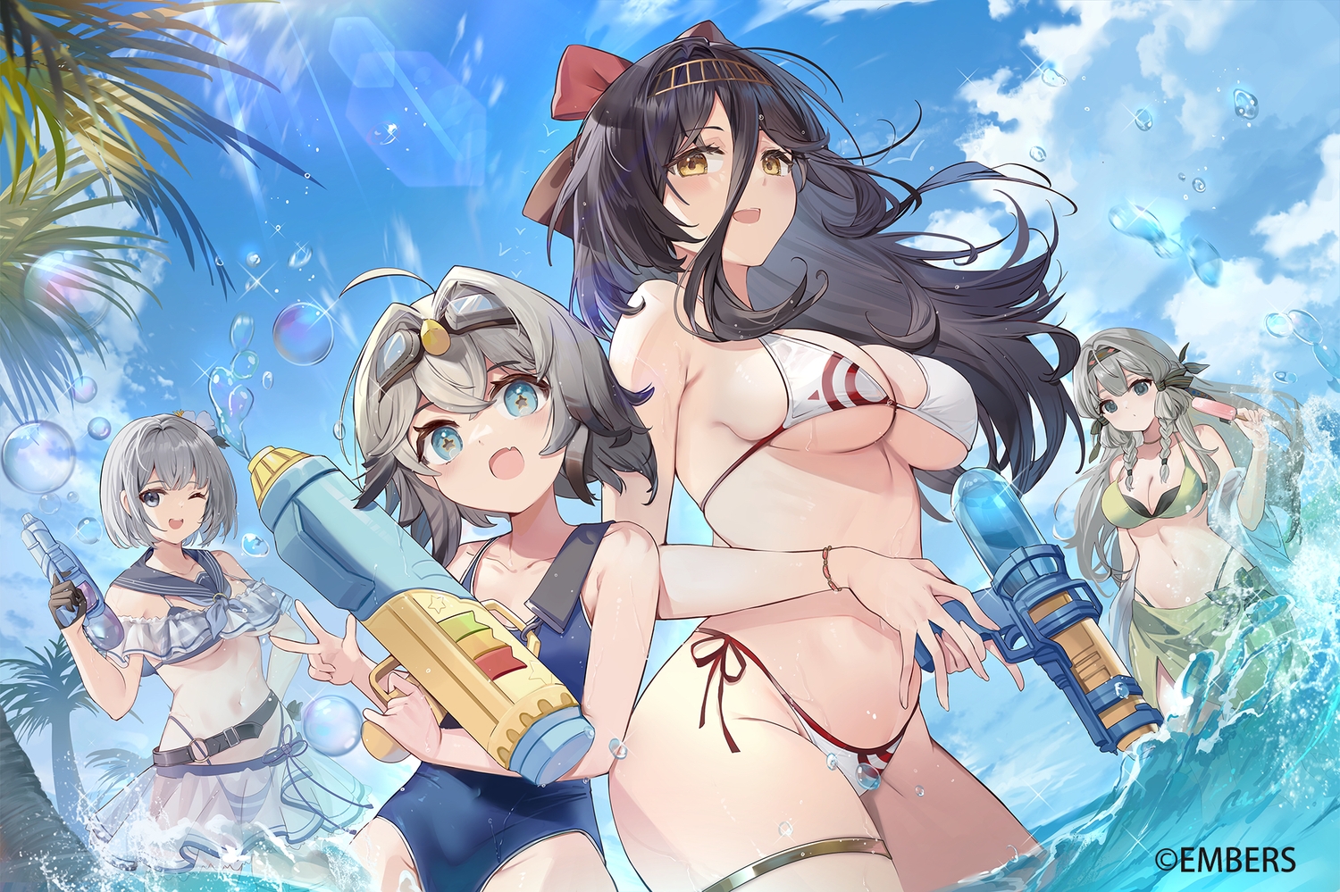 a6m_zero_(ash_arms), anthropomorphism, aqua_eyes, ash_arms, bikini, black_hair, blush, bow, braids, breasts, bubbles, choker, cleavage, clouds, elise_(piclic), fang, garter, gloves, goggles, gray_eyes, gray_hair, group, gun, hayabusa_(ash_arms), headband, loli, long_hair, navel, popsicle, see_through, short_hair, skirt, sky, summer, swimsuit, tagme_(character), tree, underboob, water, weapon, wink, wristwear, yellow_eyes
