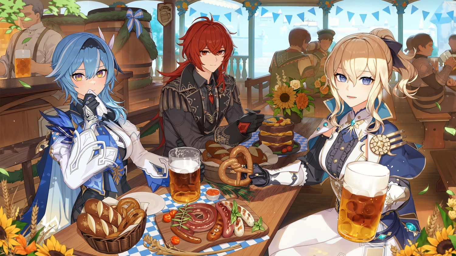 blonde_hair, blue_eyes, blue_hair, cape, diluc_ragnvindr, drink, eula_lawrence, flowers