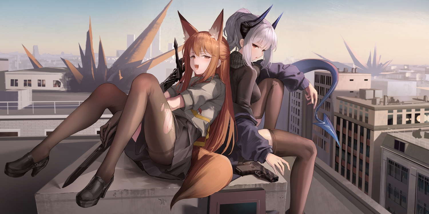 2girls, animal_ears, arknights, blood, blush, brown_eyes, brown_hair, building