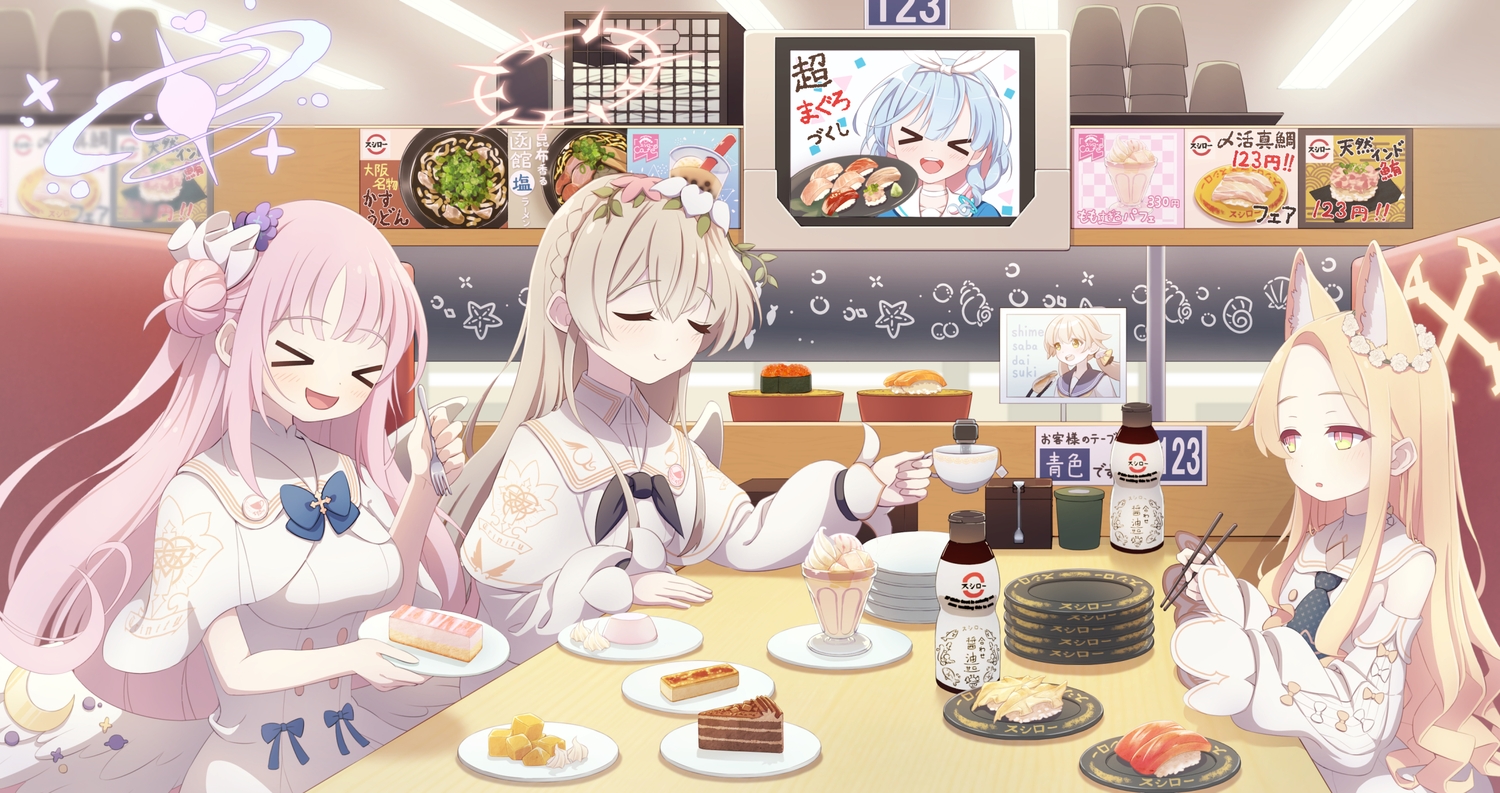 animal_ears, blonde_hair, blue_archive, blush, bow, braids, brown_hair, cake, dress, drink, flowers, food, foxgirl, halo, headdress, kirifuji_nagisa, loli, long_hair, matchamassa, misono_mika, pink_hair, tie, wings, yellow_eyes, yurizono_seia