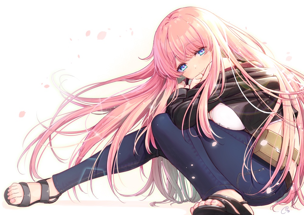 blue_eyes, blush, breasts, cleavage, hood, long_hair, petals, pink_hair