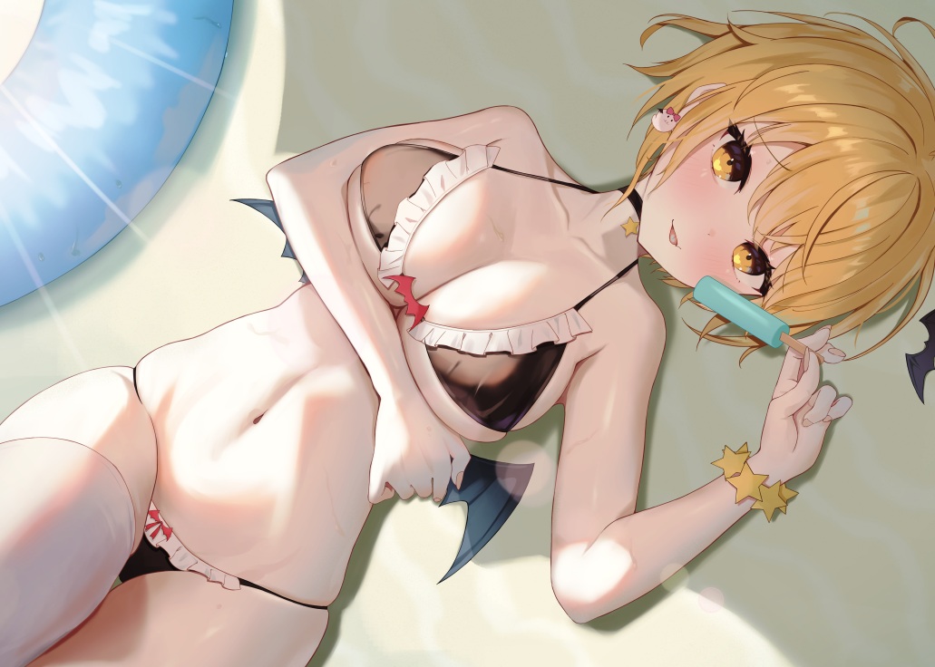 bikini, blonde_hair, blush, breast_hold, breasts, choker, cleavage, hololive, navel, popsicle, shade, shinka_(yonkun121), short_hair, swim_ring, swimsuit, thighhighs, underboob, vampire, wings, wristwear, yellow_eyes, yozora_mel