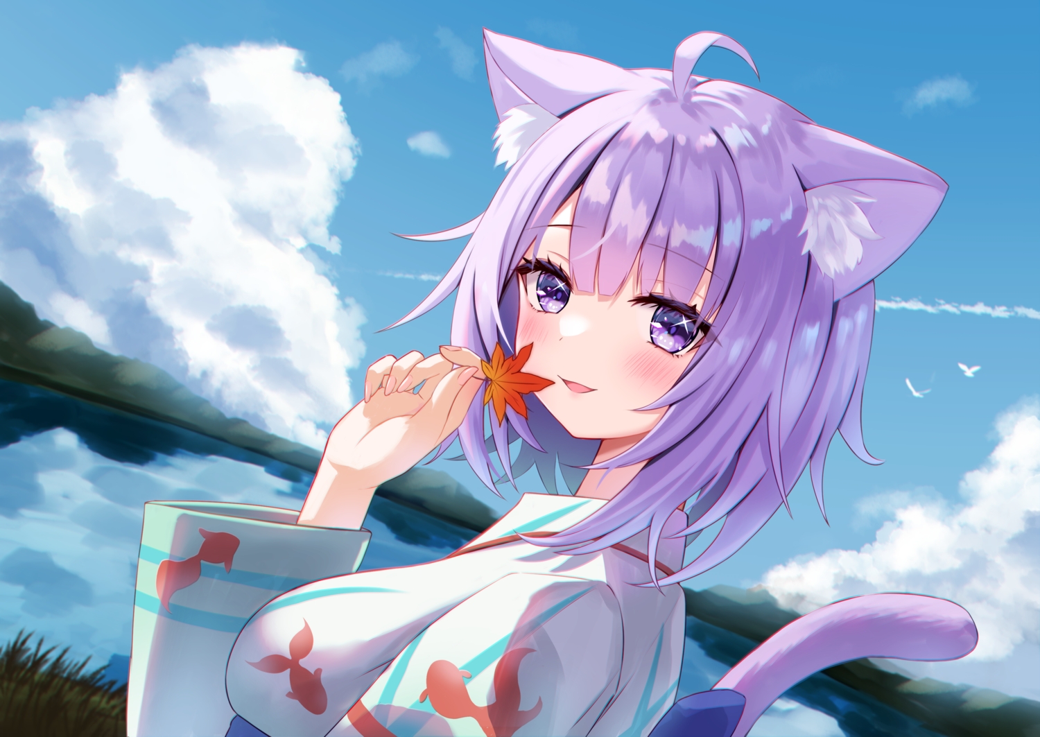 animal_ears, autumn, catgirl, close, clouds, grass, hololive, japanese_clothes