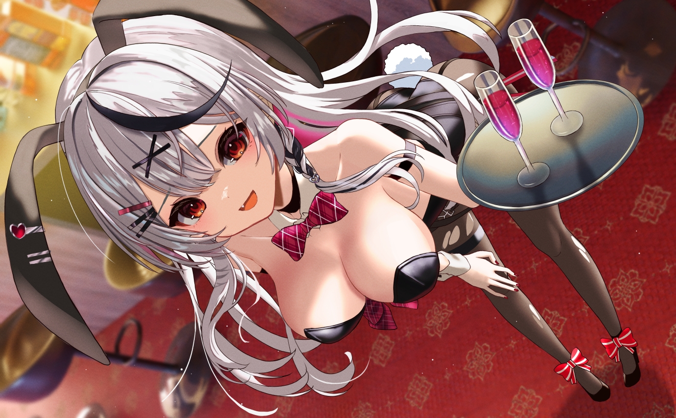 animal_ears, ass, bow, braids, breasts, bunny_ears, bunnygirl, choker, cleavage, drink, fang, garter, gray_hair, hololive, inari_(ambercrown), leotard, long_hair, pantyhose, red_eyes, sakamata_chloe, tail, torn_clothes, waitress, wristwear