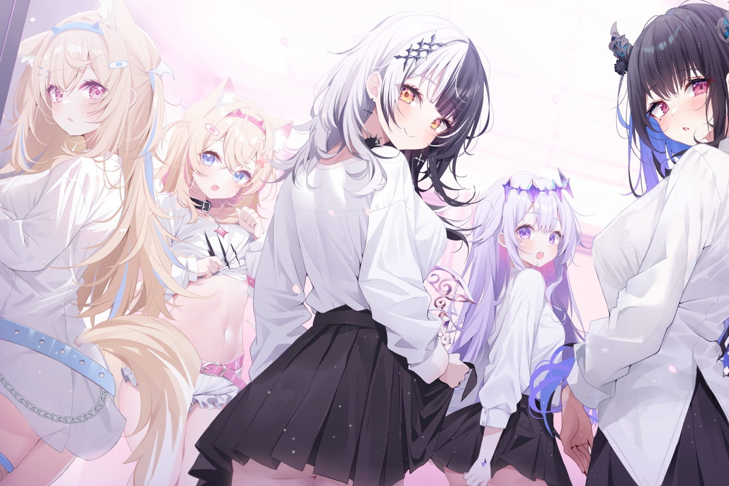 animal_ears, ass, black_hair, blonde_hair, blue_eyes, blush, collar, deyui, doggirl, fuwawa_abyssgard, headband, hololive, horns, koseki_bijou, long_hair, mococo_abyssgard, navel, nerissa_ravencroft, orange_eyes, pink_eyes, purple_eyes, purple_hair, red_eyes, shiori_novella, shirt, shirt_lift, short_hair, skirt, skirt_lift, tail, twins, wings