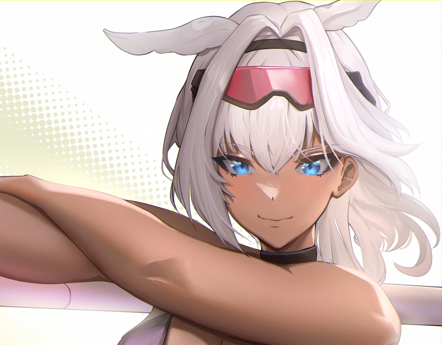 animal_ears, bikini_top, blue_eyes, breasts, caenis_(fate), close, dark_skin, fate/grand_order