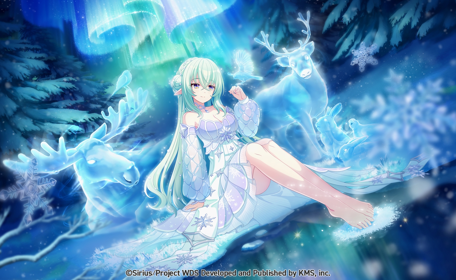 animal, barefoot, bird, blue_eyes, braids, breasts, choker, cleavage, dress, green_hair, lilja_kurtbay, long_hair, magic, night, peumya, pointed_ears, rabbit, see_through, skirt, snow, tree, watermark, winter, world_dai_star