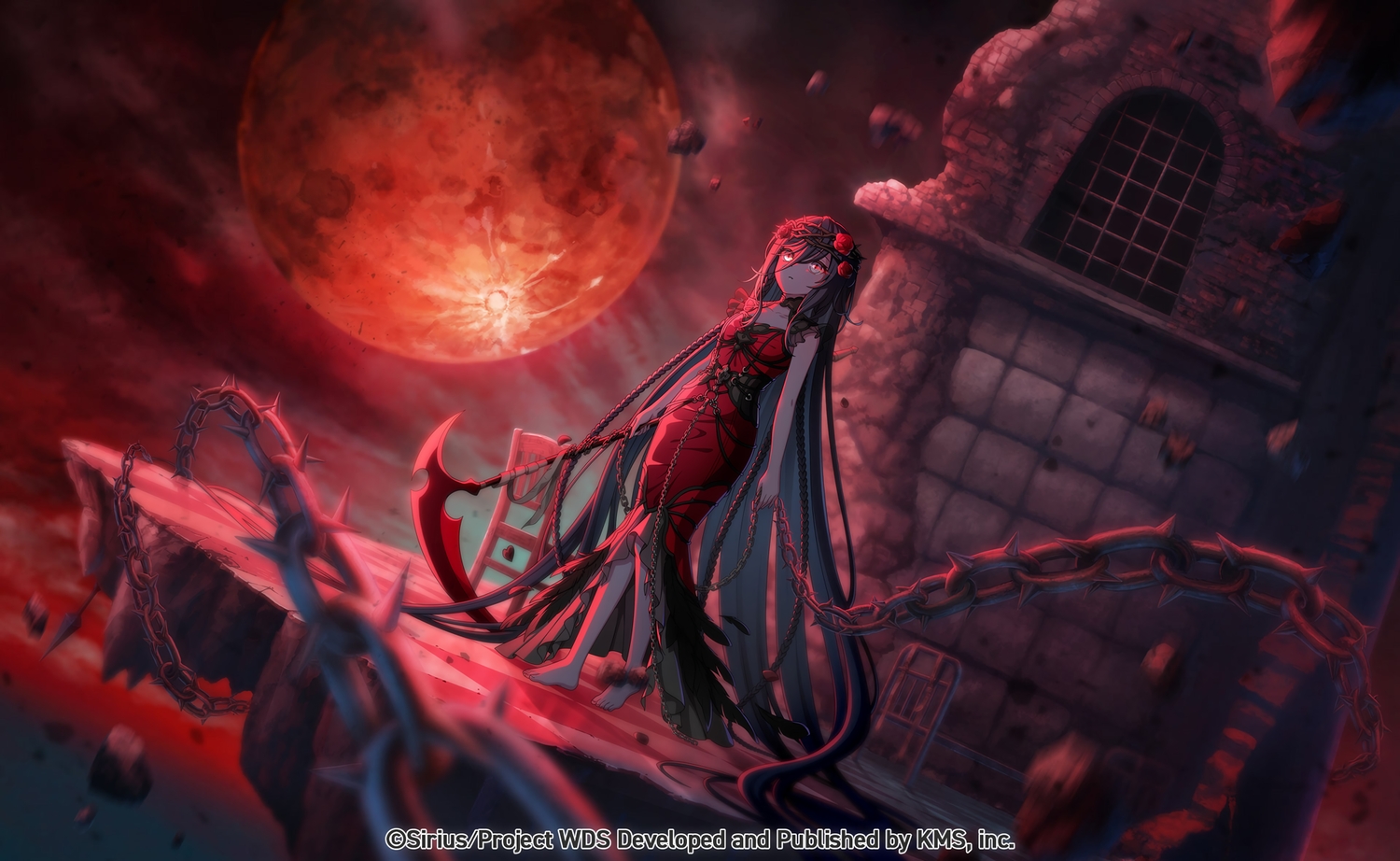 barefoot, black_hair, building, chain, clouds, corset, dress, flat_chest, flowers, gray_eyes, headdress, karasumori_daikoku, long_hair, moon, peumya, rose, ruins, scythe, sky, watermark, weapon, world_dai_star