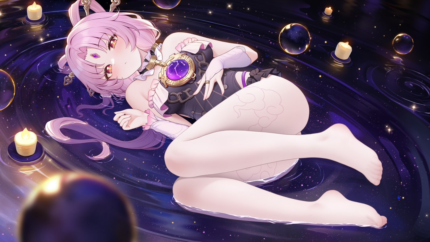 blush, bubbles, choker, fukuro_ko_(greentea), fu_xuan_(honkai:_star_rail), honkai_(series), honkai:_star_rail, leotard