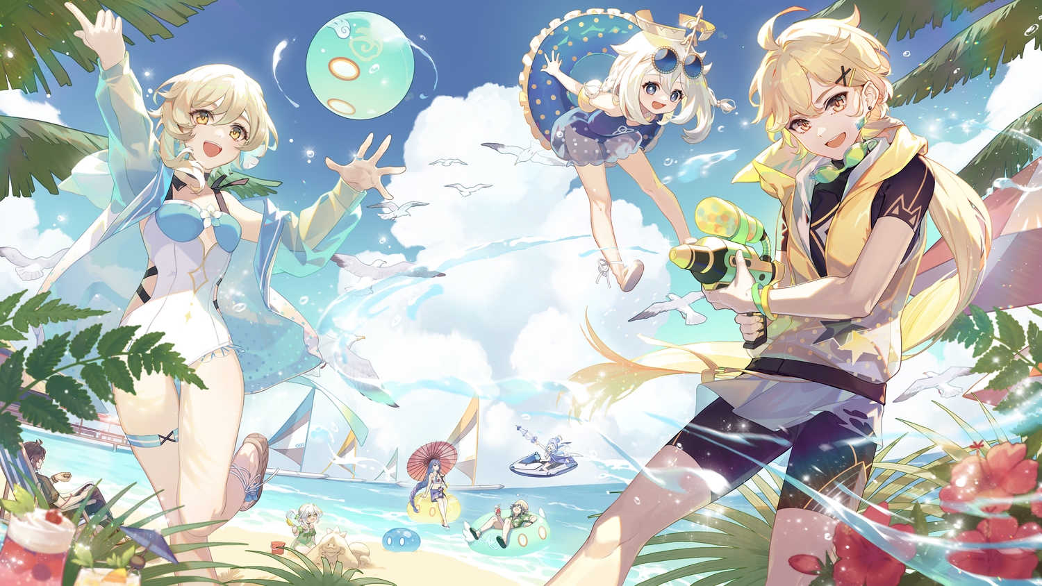 aether_(genshin_impact), animal, ball, beach, bird, blonde_hair, blue_eyes, braids