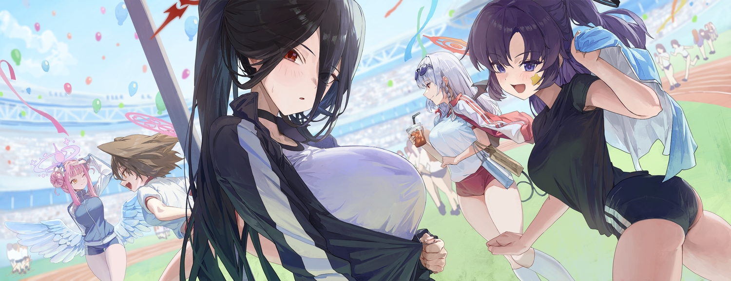 animal_ears, ass, black_hair, bloomers, blue_archive, blush, braids, breasts, brown_hair, cape, choker, close, clouds, drink, foxgirl, gray_hair, group, gym_uniform, halo, hanekawa_hasumi, hayase_yuuka, kneehighs, kuda_izuna, kurodate_haruna, long_hair, misono_mika, m.q_(mqkyrie), pink_hair, ponytail, purple_eyes, purple_hair, red_eyes, ribbons, short_hair, shorts, signed, sky, sunglasses, wings, wink, yellow_eyes