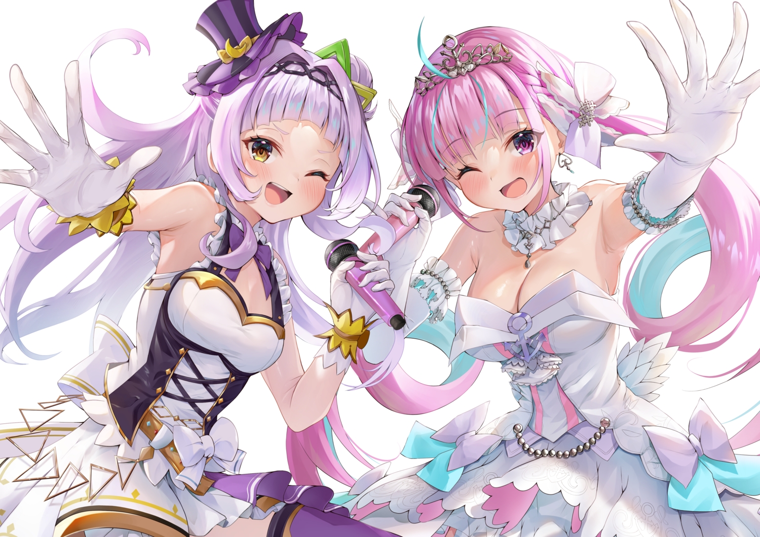 2girls, blush, bow, braids, breasts, choker, cleavage, dress, elbow_gloves, gloves, gray_hair, hat, headband, hololive, kairono3jou, long_hair, microphone, minato_aqua, murasaki_shion, pink_hair, purple_eyes, thighhighs, twintails, wink