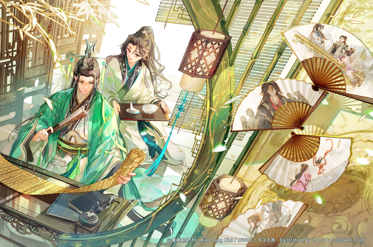 black_eyes, black_hair, book, chinese_clothes, fan, food, green_eyes, headdress