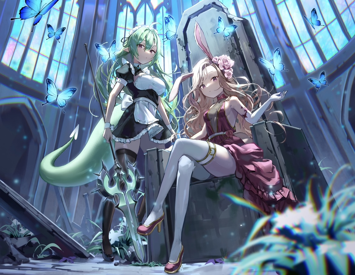 2girls, animal_ears, apron, blonde_hair, bodiedwile, breasts, building, bunny_ears