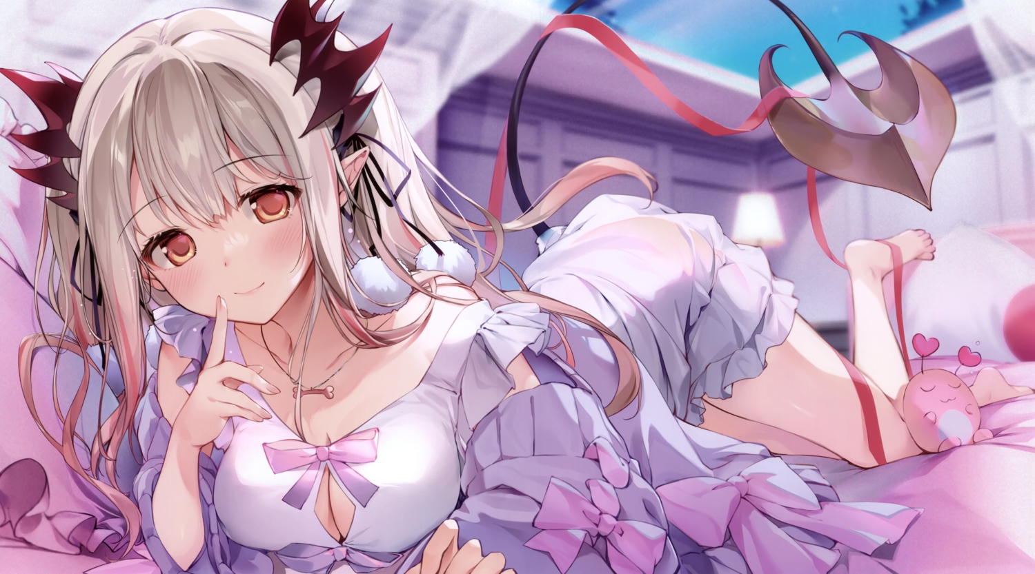 barefoot, bed, blush, bow, breasts, cleavage, dress, gray_hair