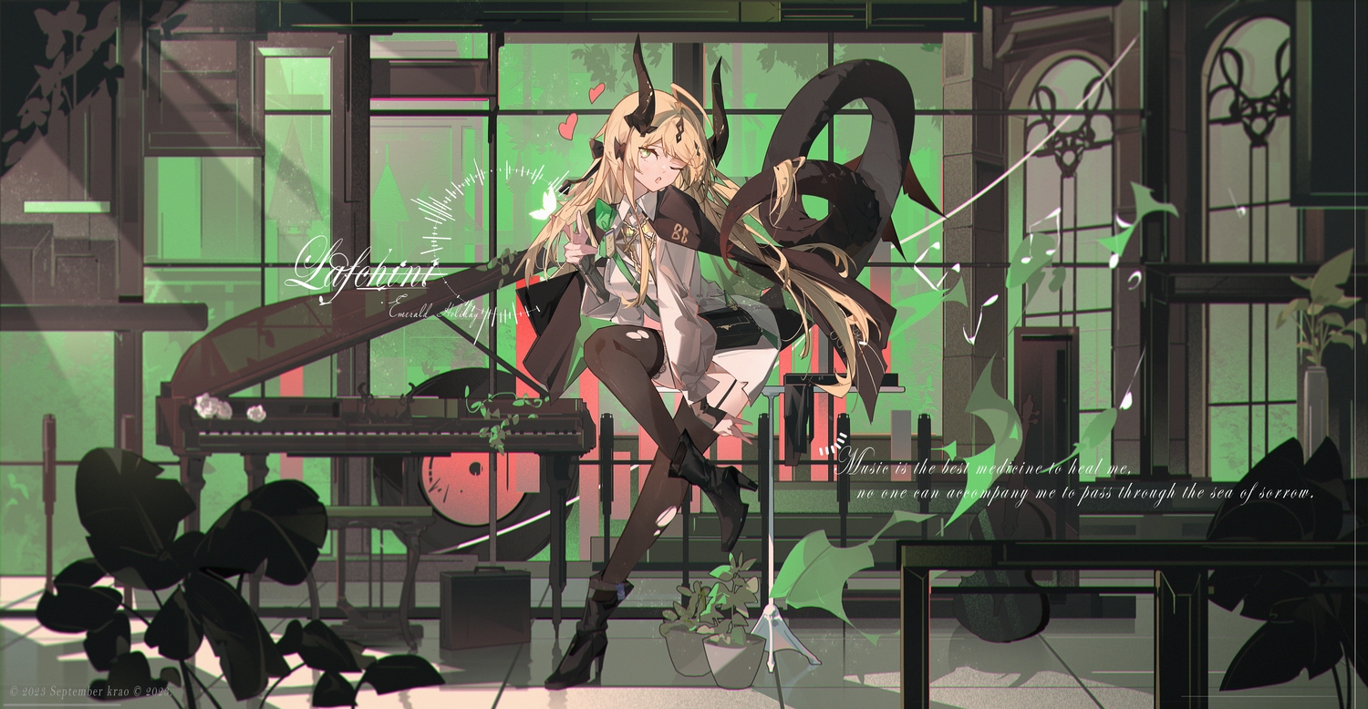 arknights, blonde_hair, boots, cape, garter_belt, green_eyes, horns, instrument